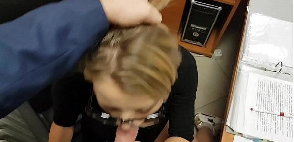  Cute office secretary sucks off her boss and swallows his sperm before going home to her husband